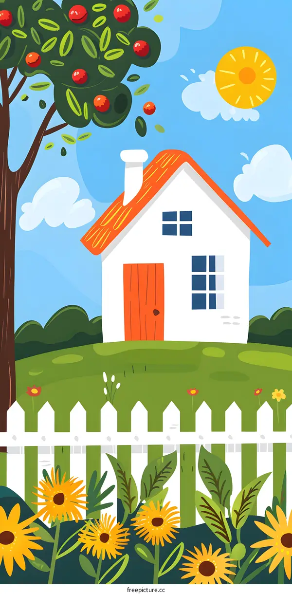 Cute Cartoon Illustration of a House in a Garden