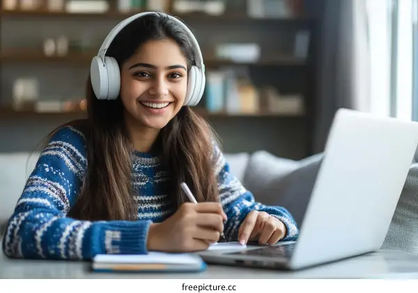 Young Woman Studying with Headphones and Laptop