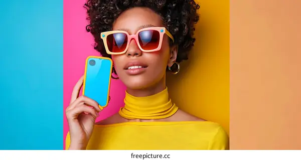 Woman In Colorful Sunglasses Holding Phone