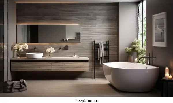 Modern Bathroom Interior with Freestanding Tub and Wooden Vanity