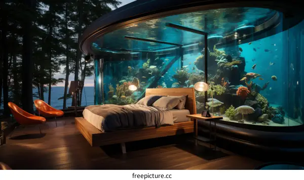 Amazing bedroom with a huge curved glass window looking into the underwater world