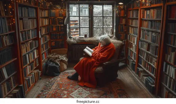 An old man is reading a book in a library.