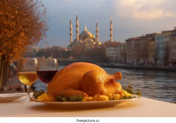 Roasted Turkey Dinner with Istanbul Cityscape