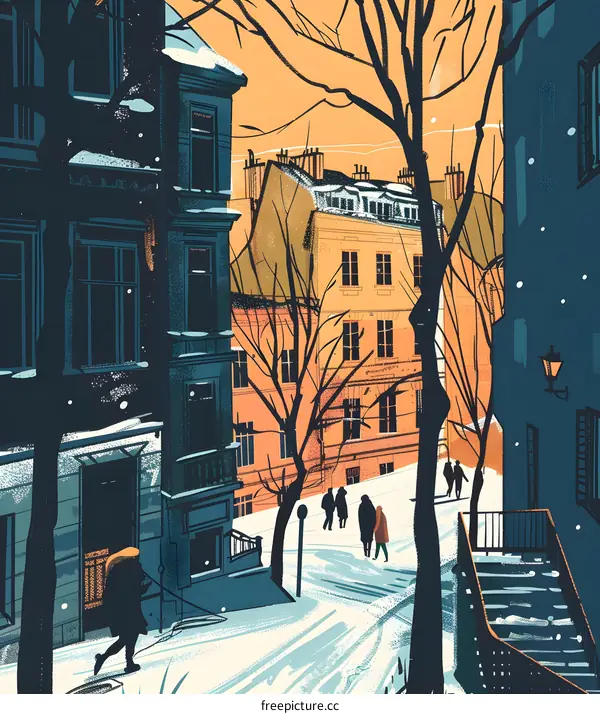 Snowy Winter Scene with People Walking in Front of Buildings