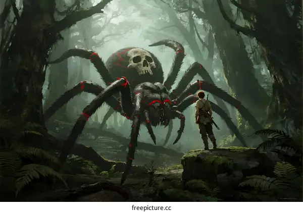 Giant Spooky Spider with Human Skull on Back in Dark Forest