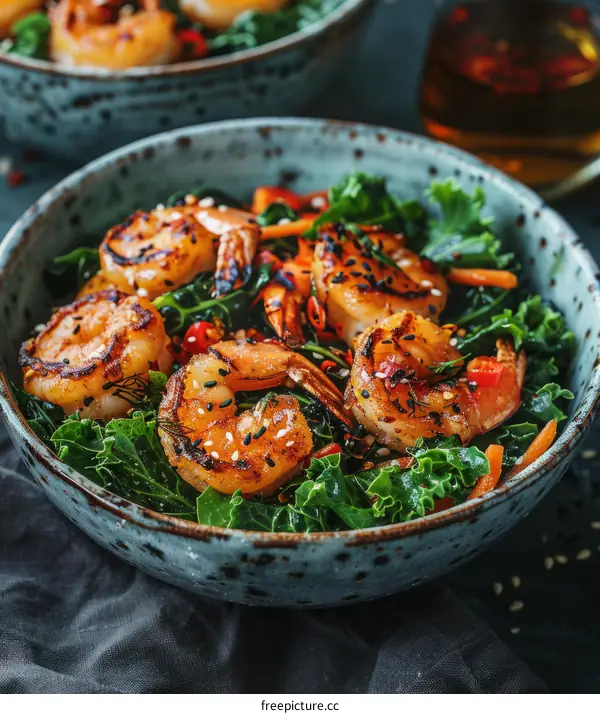 sesame chili shrimp with kale salad