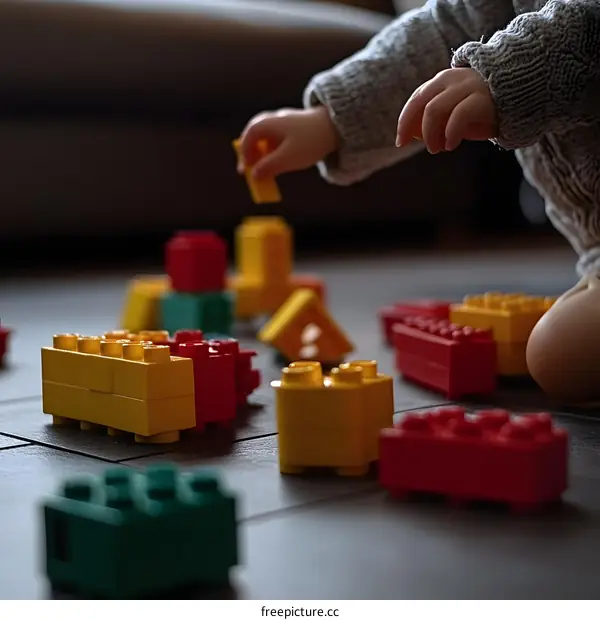 Child Playing with Colorful Plastic Building Blocks on Floor