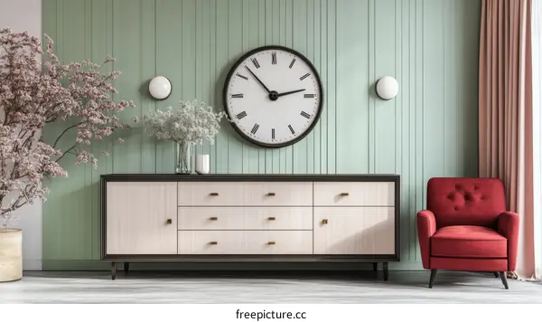 Mint Green Living Room Interior Design with Mid-Century Modern Furniture