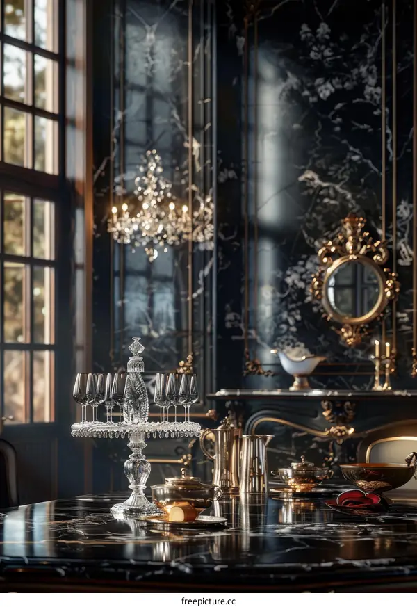 Luxury Crystal Wine Glasses Displayed in a Grand Dining Room