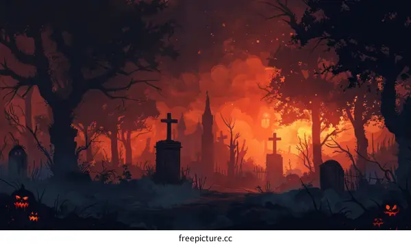 Spooky Graveyard with Pumpkins at Night