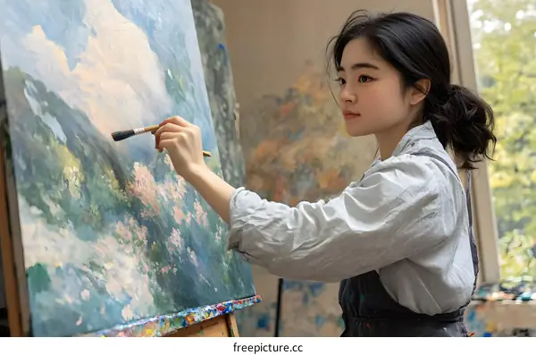 Young Asian Female Artist Painting Landscape on Canvas