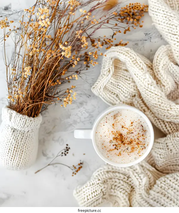 Cozy Autumn Flat Lay with Coffee, Dried Flowers and Knitted Blanket