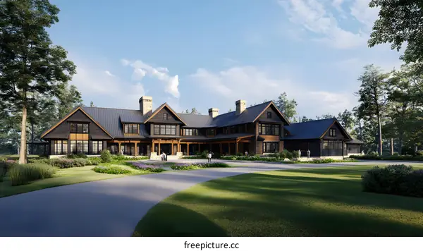 Modern Farmhouse with Large Windows and a Long Driveway