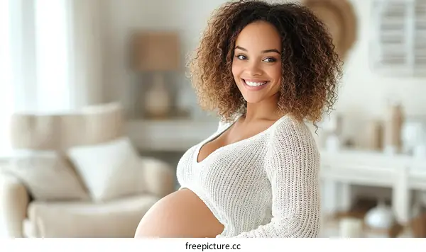 Pregnant Woman Smiling in Cozy Home