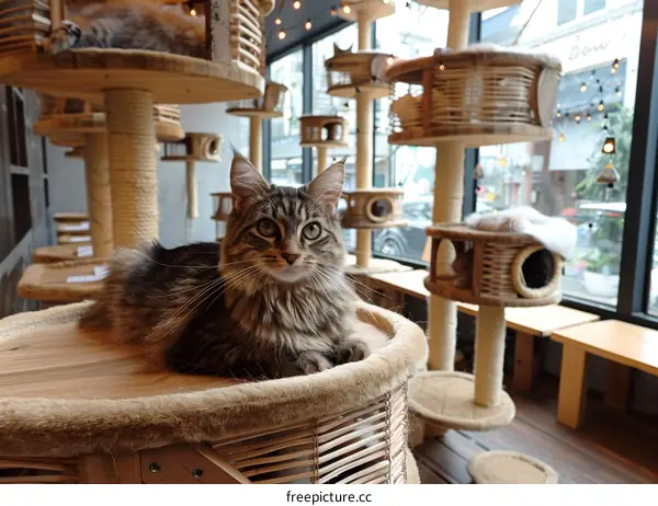 A ginger cat sitting on a cat tree looking out the window