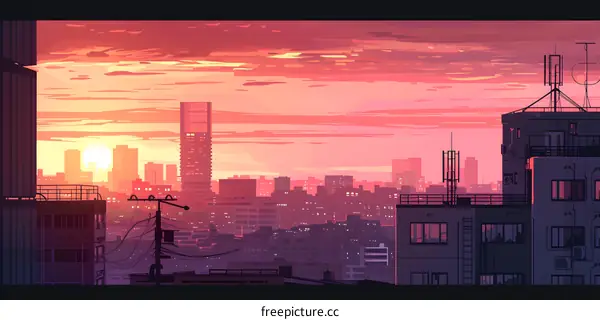 Cityscape Illustration with Sunset Sky