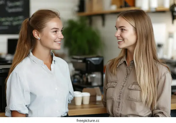 Two Caucasian Women Talking in Cafe