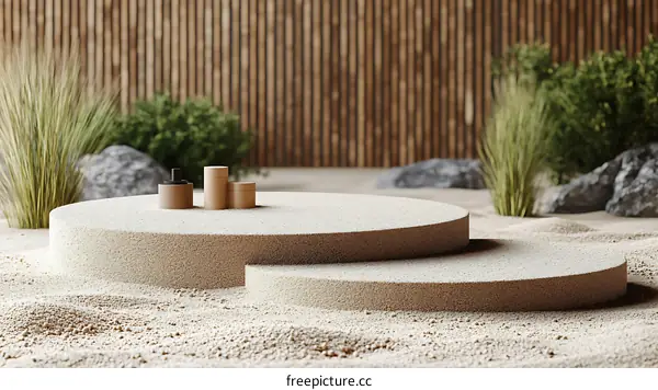 Beige Sand Display Podiums in Zen Garden Setting
