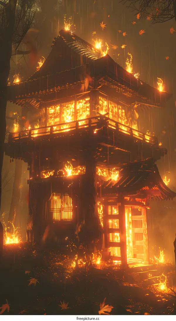 Burning Japanese Temple in the Woods