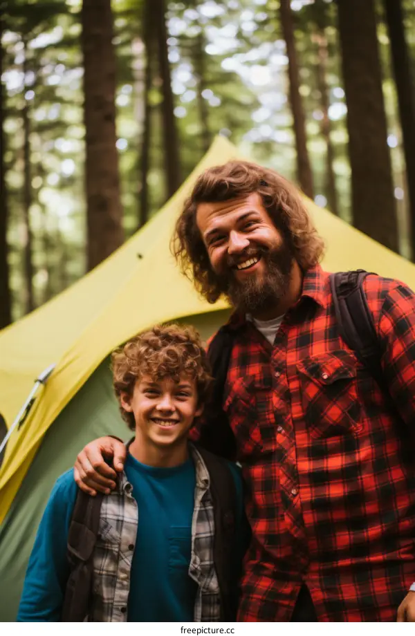 Happy father and son camping together in the woods