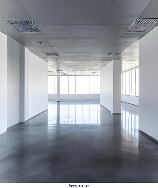 Empty Modern Office Space with Large Windows and Concrete Floor