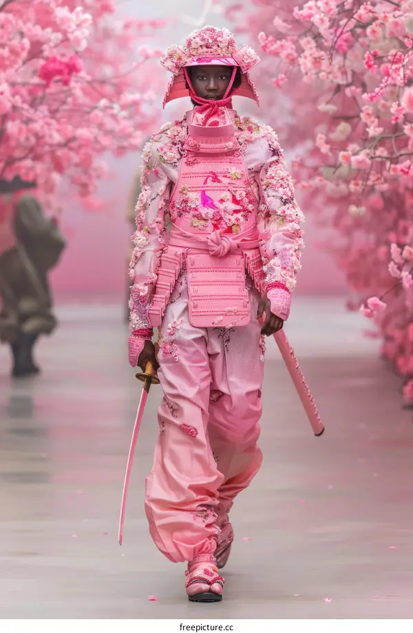 A model wearing a pink samurai-inspired outfit walks down a runway