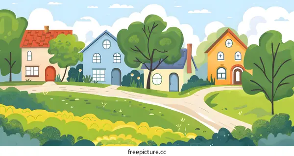 Cute Cartoon Illustration of Small Houses in Green Fields