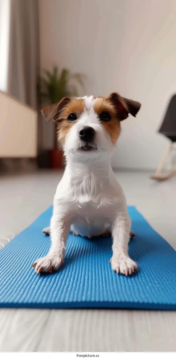 A cute Jack Russell Terrier dog is sitting on a blue yoga mat