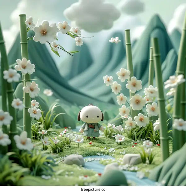 A cute cartoon character in a bamboo forest