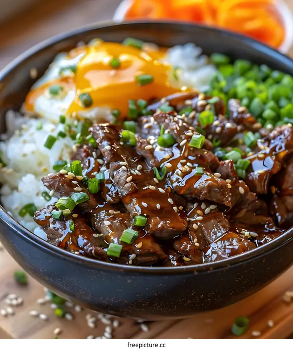 Beef and Egg Rice Bowl with Sesame Seeds and Green Onions