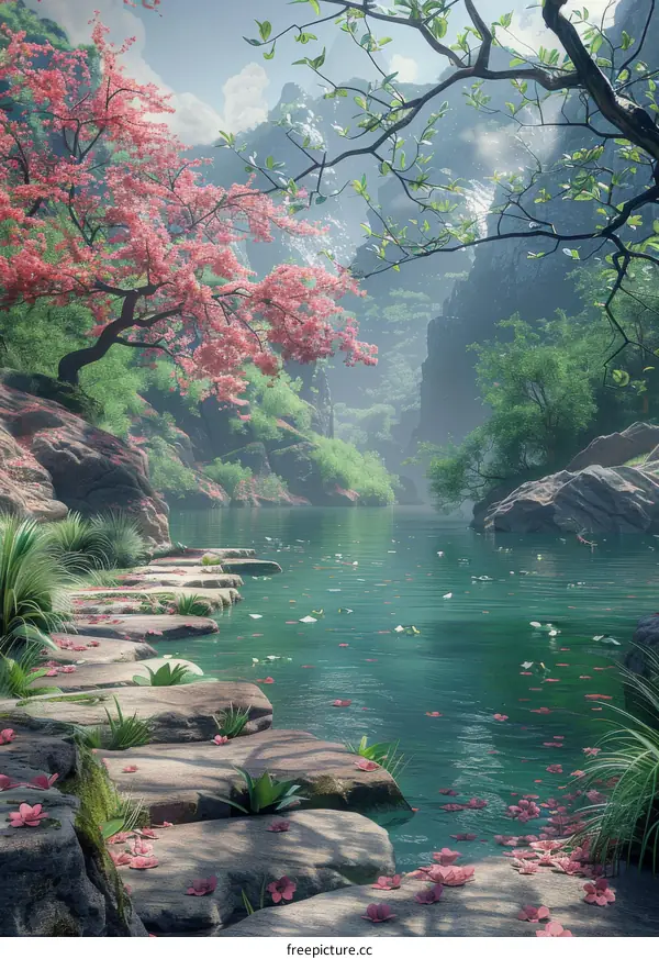Misty Mountain Lake with Cherry Blossoms and Stone Path