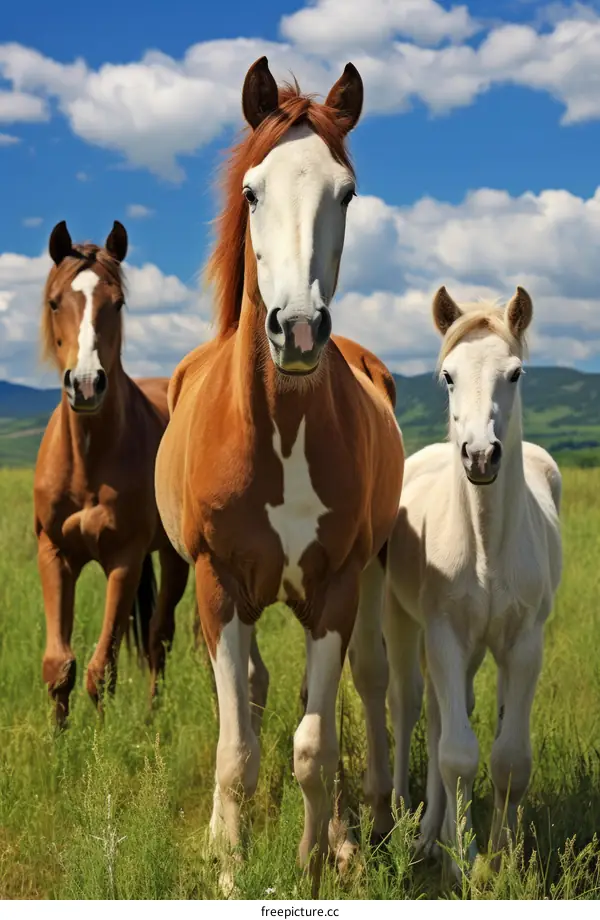Three horses standing in a green field looking at the camera
