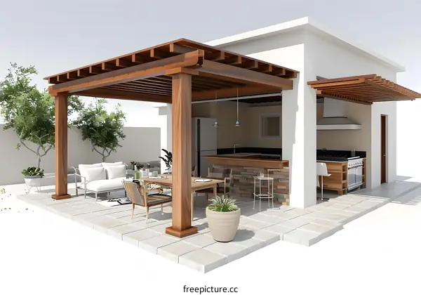 A modern house with a beautiful outdoor kitchen and dining area