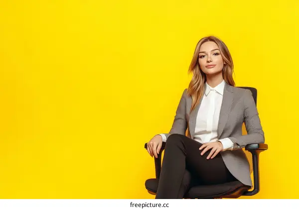 Business Woman Sitting in Office Chair on Yellow Background