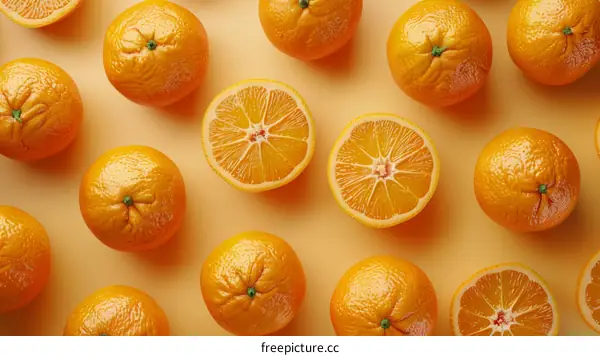 3D rendering of a pattern of whole and sliced oranges