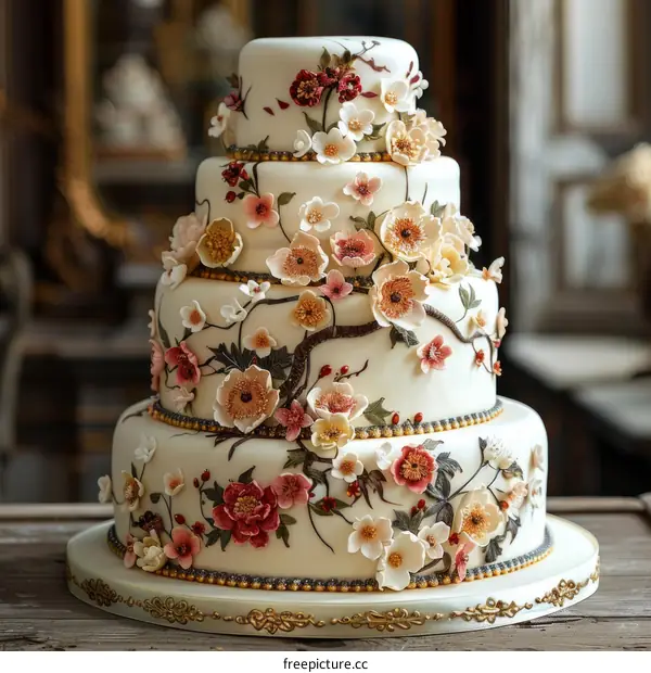 Four-tiered wedding cake decorated with pink, white, and yellow flowers