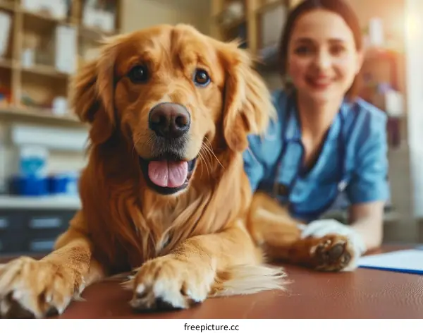Close-up of a golden retriever dog with a veterinarian in the background
