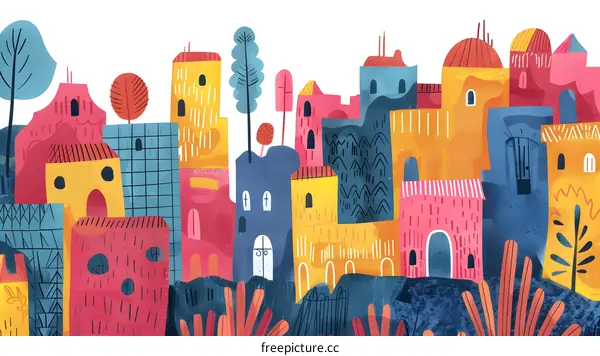Colorful Illustration of a Cityscape with Buildings and Trees