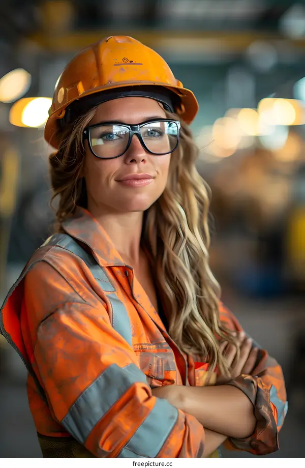 Confident Female Engineer in Hard Hat and Safety Glasses