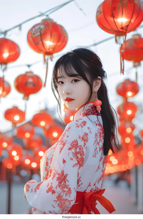 Asian Woman In Traditional Clothing Posing With Red Lanterns In The Background