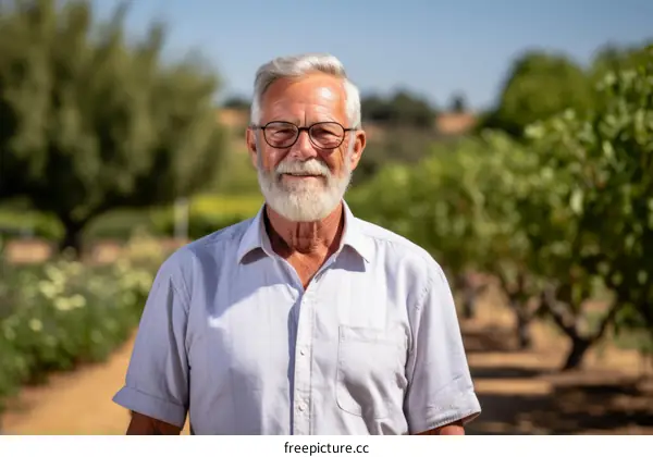 An elderly man with white hair and beard is smiling in a lush green vineyard.