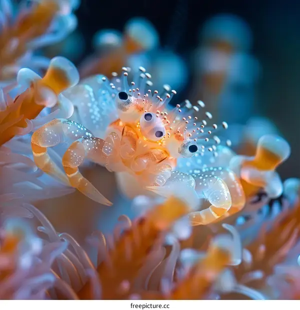 A tiny crab with big eyes and long antennae sits on a coral reef