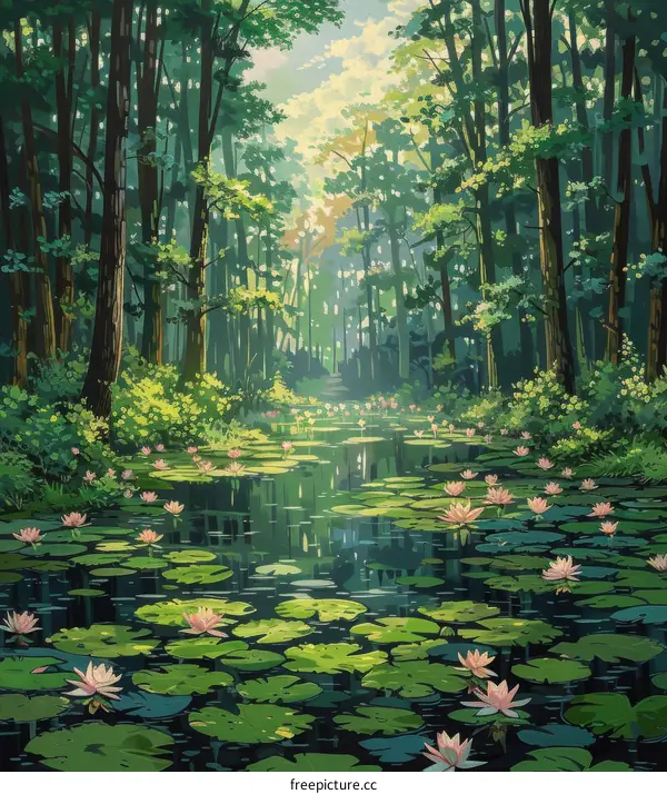 A beautiful pond in a lush green forest