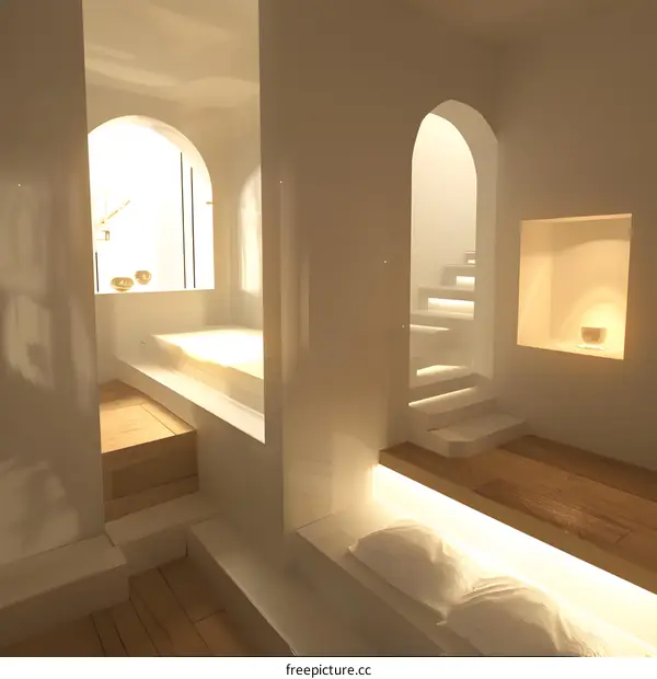 Minimalist White Interior Design with Arched Windows and Stairs