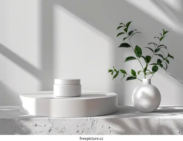 White podium with a vase and a cosmetic jar on it