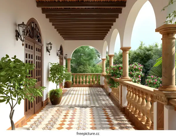 Spanish Style Balcony with White Walls and Archways