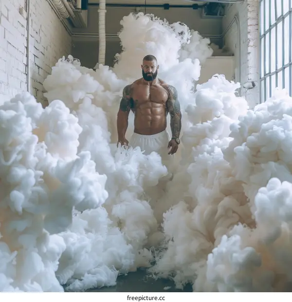 Muscular Man Standing in a Cloud of White Smoke