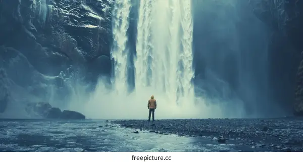 Man standing in front of waterfall