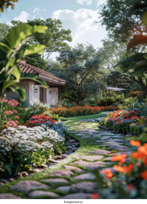 Enchanting Garden with Quaint House and Winding Stone Path