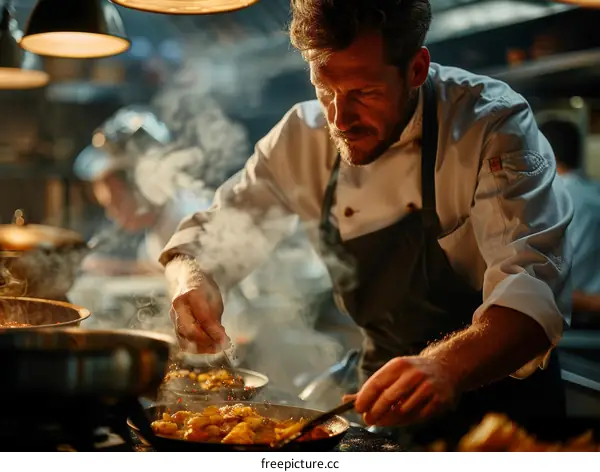 Focused male chef seasoning food in a pan